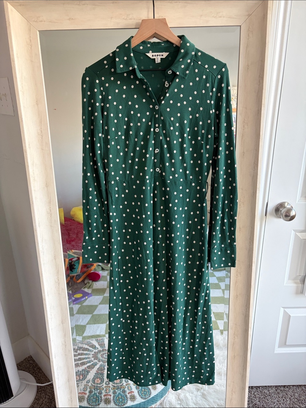 Boden Green Laura Polka Dot Long Sleeve Jersey Midi Dress